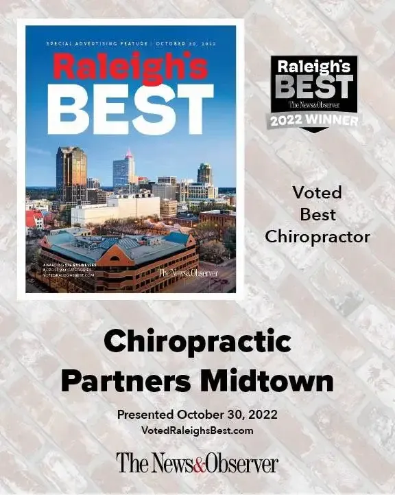 Award graphic showing “Raleigh’s BEST 2022 Winner” with city image, and text for Chiropractic Partners Midtown.