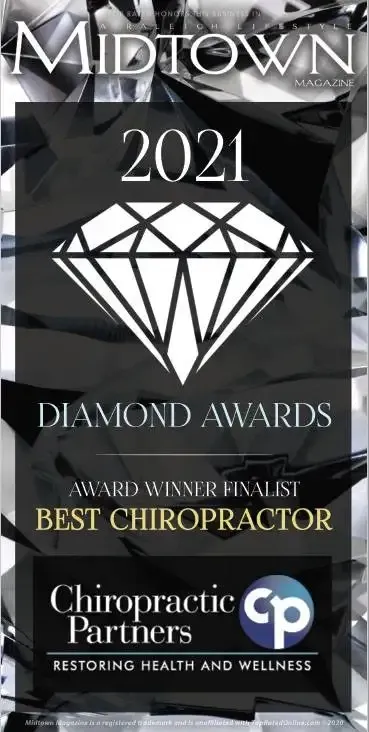 Graphic with large diamond icon and text reading “Midtown 2021 Diamond Awards Best Chiropractor” with logo.