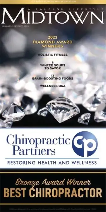 Magazine-style graphic with diamond images and text showing “2022 Diamond Award Winners” and Chiropractic Partners logo.