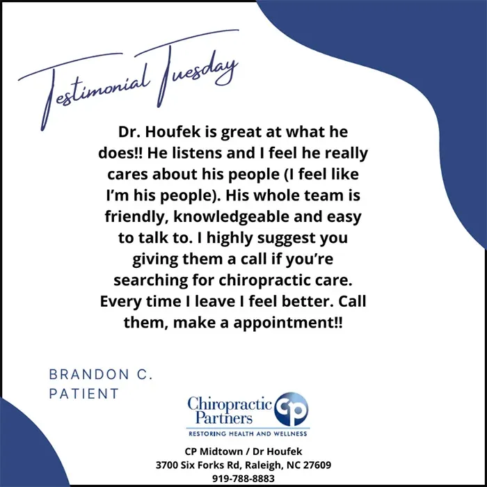 Graphic with “Testimonial Tuesday” title and a paragraph of review text, including name Brandon C. and clinic contact details.