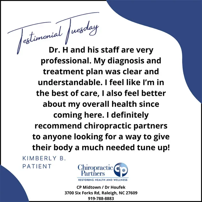 Graphic with “Testimonial Tuesday” heading and paragraph text, including Kimberly B., patient, and clinic contact details.