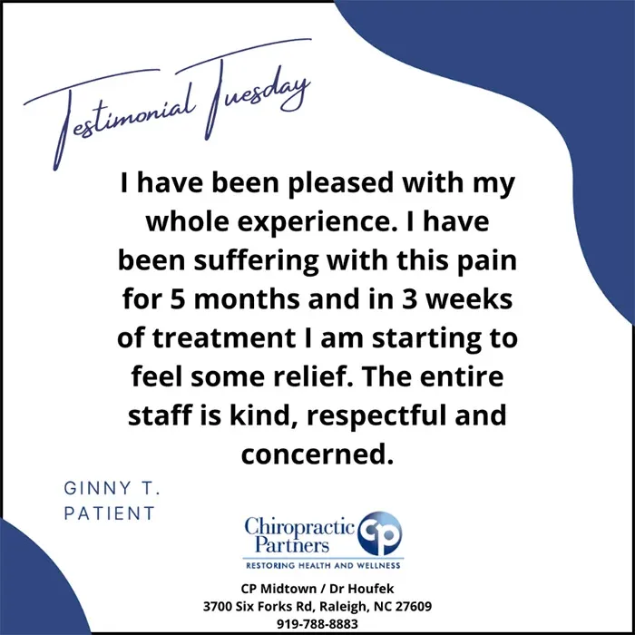 Graphic with “Testimonial Tuesday” heading and review text, including Ginny T., patient, and clinic contact information.