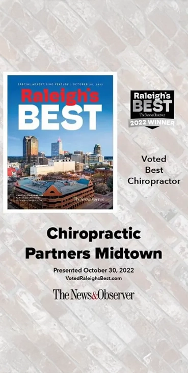 Award graphic showing “Raleigh’s BEST 2022 Winner” with city image, and text for Chiropractic Partners Midtown.